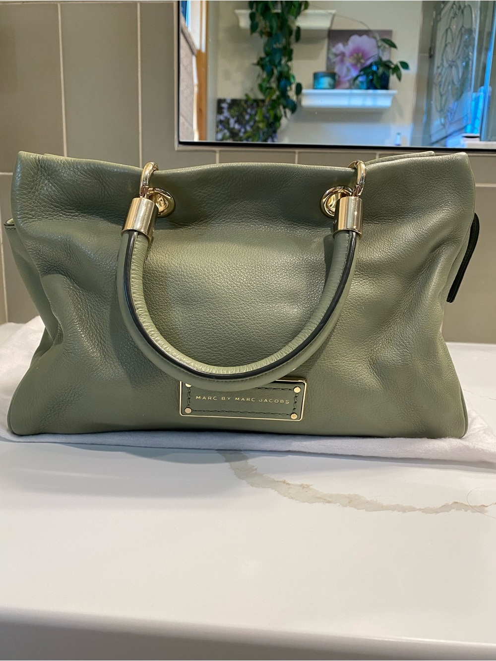 Marc by Marc Jacobs Sage Green Pebbled Leather Satchel with Gold Hardware